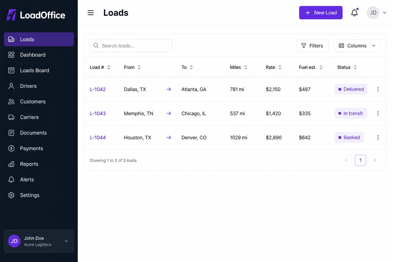 Loads — miles, rate, fuel estimate, and live status per load.